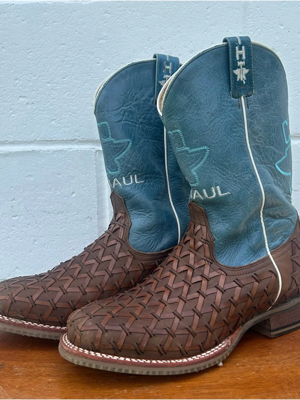 Tin Haul Brown Woven Foot with Blue Shaft Kids Western Boots